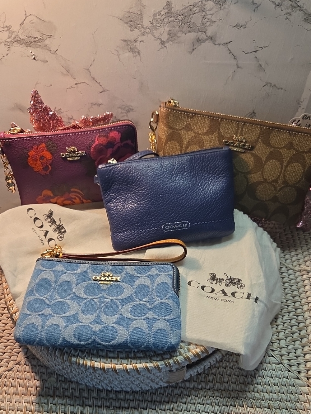 4 COACH Assorted Blue & Brown Denim , Poppy Wristlet